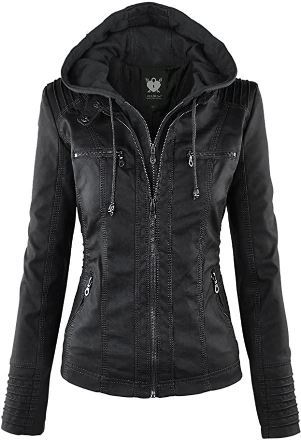 Lock and Love Women's Removable Hooded Faux Leather Moto Biker Jacket